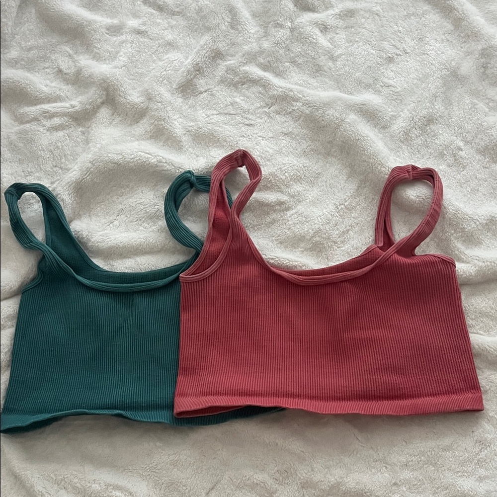 Free people movement happiness runs square ribbed tanks teal and pink size M/L
